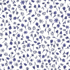 Floral seamless pattern. Cute little flowers, hand drawn botanical vector illustration. Print for fabric, paper, stationery and other surfaces