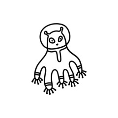 Cute alien in spacesuit in hand drawn doodle style, vector illustration isolated on white background.