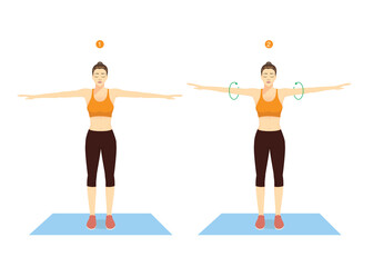 Woman doing exercise with arm circle posture for warm up before play a sport. Rotation arms help to prevent injuries and prepare your body for strength training.