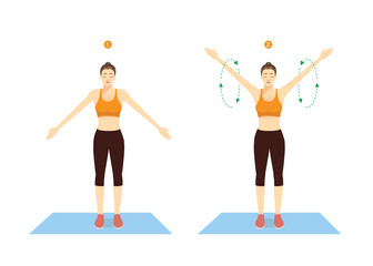 Fototapeta na wymiar Sport woman doing exercise with Big Arm Circles posture for warm up. Rotation arms help to prevent injuries and prepare your body for strength training.
