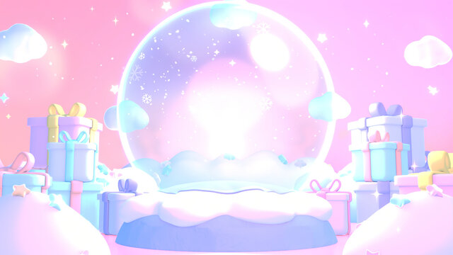 3d rendered cartoon snow globe surrounded by presents. Beautiful pastel winter wonderland.