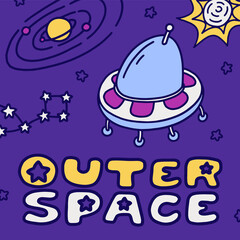 Outer space kid's doodle. UFO alien round spaceship cartoon vector illustration. Planet Saturn, constellation of stars.