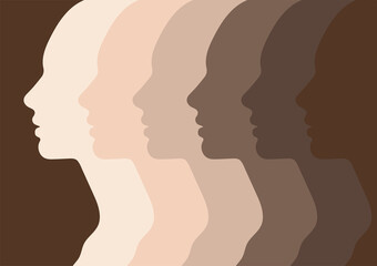 Female faces, silhouette in profile, skin tone. People with different skin colors, African or European skin. Society or population, social diversity. Vector illustration in flat design isolated - obrazy, fototapety, plakaty