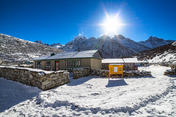 Morning in Machermo, Himalayas mountains. Everest Base Camp trek.