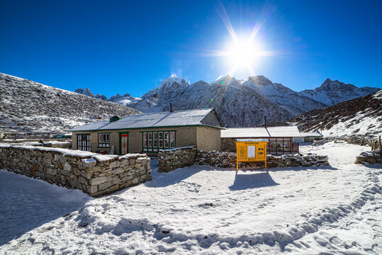 Morning in Machermo, Himalayas mountains. Everest Base Camp trek.