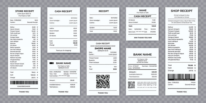 Realistic store, restaurant or bank paper cash receipt. Supermarket shopping checks. Pos machine printed shop payment bill mockup vector set