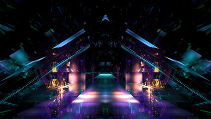 Fototapeta na wymiar Color futuristic showcase scene background. Modern dark neon fantastic reflection showcase background, glowing bright elements. 3d render