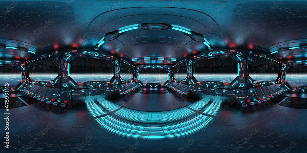Aufkleber HDRI panoramic view of dark blue spaceship interior with windows. High resolution 360 degrees panorama reflection mapping of a futuristic spacecraft 3D rendering