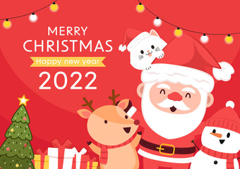 Merry Christmas and happy new year 2022 greeting card. Santa Claus cartoon Cute Christmas mascot.