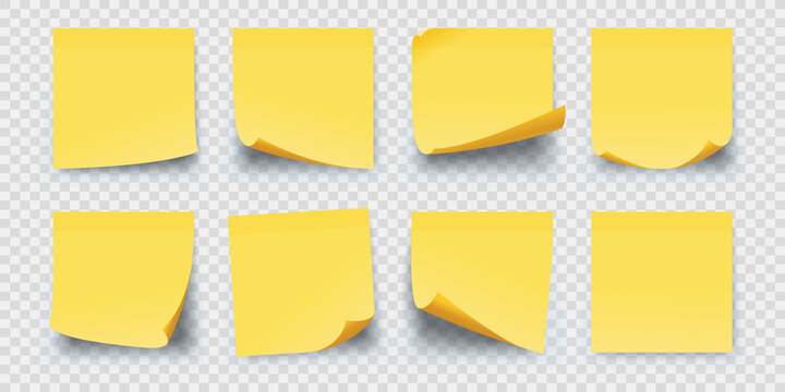 Realistic square yellow paper sticky memo notes. Office reminder sticker pages with curled corners. Wall notepad for scribbles vector set