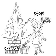 Christmas elf under decorated xmas tree requires QR code. Vector contour drawing on topic of covid-19, vaccination, lockdown. Matinee in kindergarten