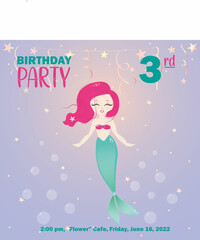 Beautiful birthday celebration invitation for baby girl with pink hair mermaid with stars