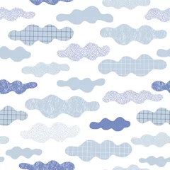 Wall murals Out of Nature Whimsical clouds in clear sky vector seamless pattern. Childish cloudy skies white background. Scandinavian decorative surface design for nursery and kids fabric.