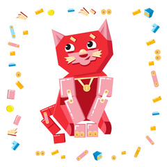 Obraz na płótnie Canvas Cute cat volumetric from constructor isolated vector illustration. Robotics for kids, cartoon character.