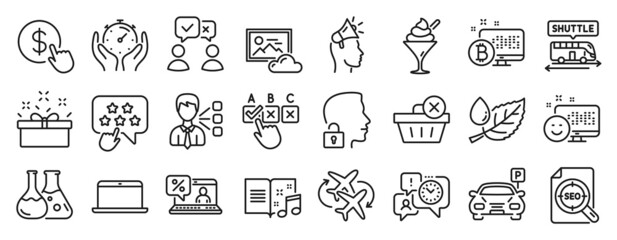 Set of Business icons, such as Shuttle bus, Ranking star, Ice cream icons. Laptop, Online loan, Brand ambassador signs. Chemistry lab, Present box, People voting. Buy currency, Music book. Vector