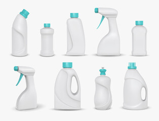 Realistic cleaning chemical products, detergent package mockups. Home cleaner powder, spray and dish wash in white plastic bottle vector set