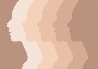 Female faces, silhouette in profile. People with different skin tones. A group of people of different nationalities and cultures. Society or population, social diversity. Vector illustration