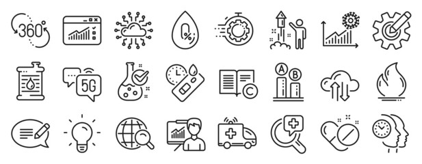 Set of Science icons, such as Web traffic, 5g internet, Chemistry lab icons. Cloud sync, Seo timer, Presentation signs. Oil barrel, Message, Internet search. Cloud network, Fire energy. Vector