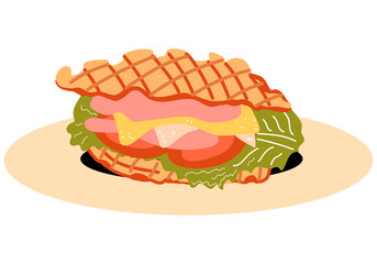 Croffle sandwich with ham, cheese  and lettuce leaves, tomato. Croissant Wafle cooked in a Waffle Maker.  Korean dessert. Vector Food.