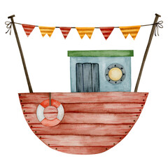 Cute watercolor boat illustration isolated on white background.