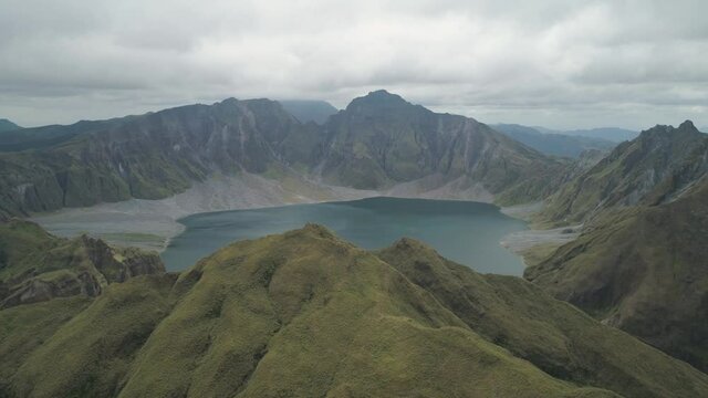 Aerial view crater lake volcano Pinatubo among mountains, Philippines, Luzon. beautiful landscape at Pinatubo mountain crater lake. Travel concept