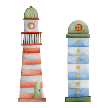 Cute watercolor illustration of lighthouses isolated on white background.
