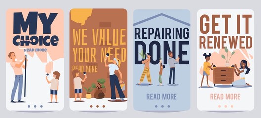 Mobile app onboarding kit with people repairing house vector illustration.