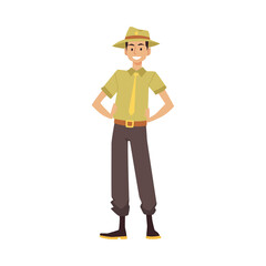 Ranger in uniform protects environment, forest. Cartoon male officer in flat
