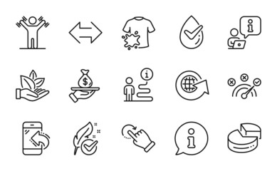 Business icons set. Included icon as Correct answer, Rotation gesture, Loan signs. Pie chart, Dumbbells workout, World globe symbols. Dermatologically tested, Sync, Incoming call. Vector