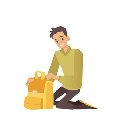 Tourist packing backpack for journey, flat cartoon vector illustration isolated.