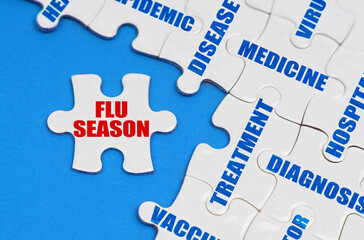 On the blue surface, puzzles with medical inscriptions, on a separate puzzle it is written - FLU SEASON