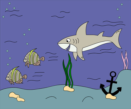 children's doodle illustration of the seabed, where the shark, anchor and fish