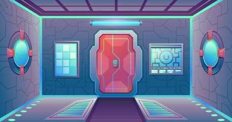 Cartoon futuristic spaceship corridor with door, panels and portholes. Space game sci-fi interior background. Cosmos station vector scene © Tartila