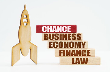 On the white surface there is a wooden rocket and planks, on the red plaque the inscription - CHANCE