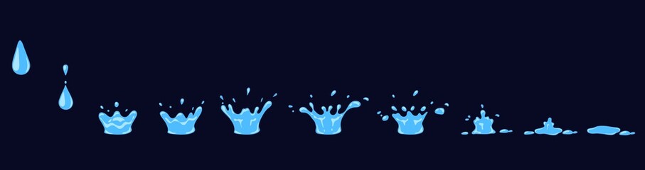 Obraz premium Cartoon water drop splashes and ripples animation sprite sheet. Falling drops and splat effect for games. Raindrop motion vector sequence