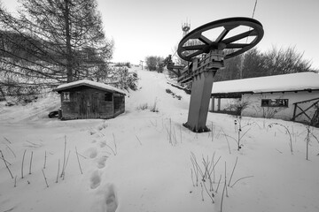 Old abandoned skilift,  in the hilly area of Oltrepo Pavese (Northern Italy, Lombardy Region),...