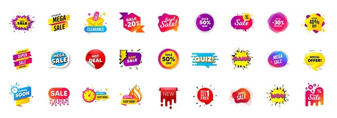 Fototapeta premium Best sale offer banners. Discounts price deal stickers. Special offer 3d bubble. Promotion sale tag coupons. Quiz bubble banner. Best discount deal sticker templates. Promotion Ad labels. Vector