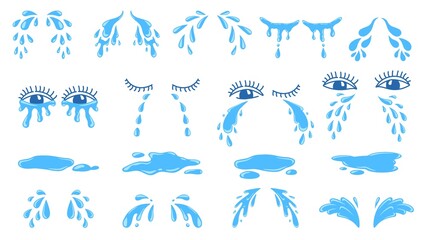 Cartoon puddles, tears, drops or sweat, crying eyes. Water droplets. Pain, cry, despair or sad emotion expression. Comic teardrop vector set