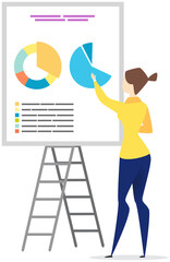 Young woman reporting statistics, diagrams of sales management data. Presentation of financial report with statistical indicators. Girl demonstrates results of data analysis, business research