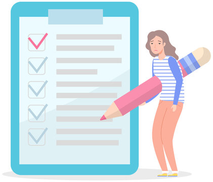 Sad woman with giant pencils filling checklist with check marks on clipboard paper. Completion of business tasks, time management, scheduling, planning concept. Disappointed lady works with to do plan