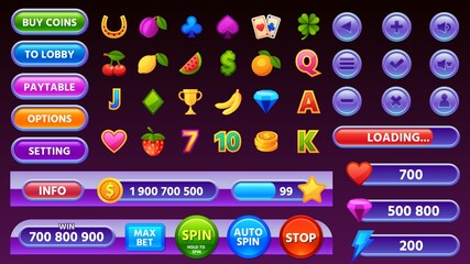 Casino game user interface menu, icons and buttons. Cartoon mobile gamble slot machine gui elements, progress bar and coin panel vector set © Tartila