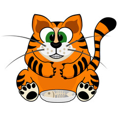 A cat eats a fish. Vector illustration of a funny tiger cat.
