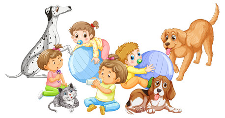 Cute babies group and dogs on white background