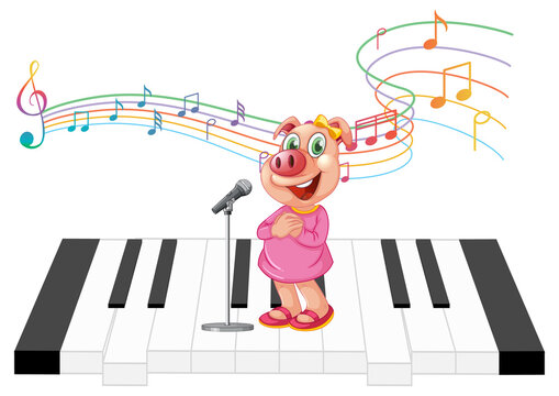 Cute pig cartoon character standing on piano