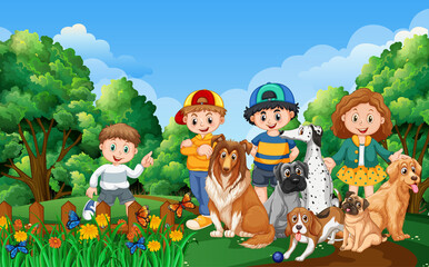 Obraz na płótnie Canvas Park scene with children playing with their animals