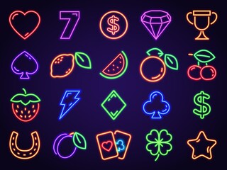 Vegas casino neon slot icons for signs and decor. Glowing gambling game symbols 7, cards, fruits, coin, cherry and lucky clover vector set © Tartila