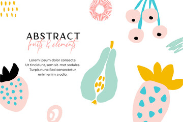 Abstract fruit background. Modern cutout figures tropical illustration. Collage contemporary exotic backdrop of hand drawn fruits, berries. Graphic background strawberry, pineapple, pear and scribble.
