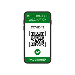 Certificate of Vaccine and Immune from Covid in Mobile Phone App Icon. Green Passport Screen with QR Code. Digital Vaccination Certificate and Green Health Passport. Isolated Vector Illustration