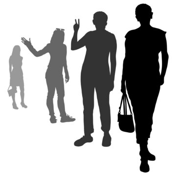 Vector silhouettes of 4 women. A woman in trousers with a bag goes forward, a girl in a dress stands. The woman raised her hand, palm forward. Fingers letter V.