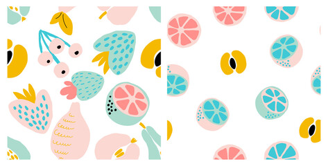 Abstract fruit seamless pattern set. Modern cutout figures tropical illustration. Collage contemporary print, hand drawn fruits, berries. Graphic pattern apples, strawberry, peach, pear and pineapple.